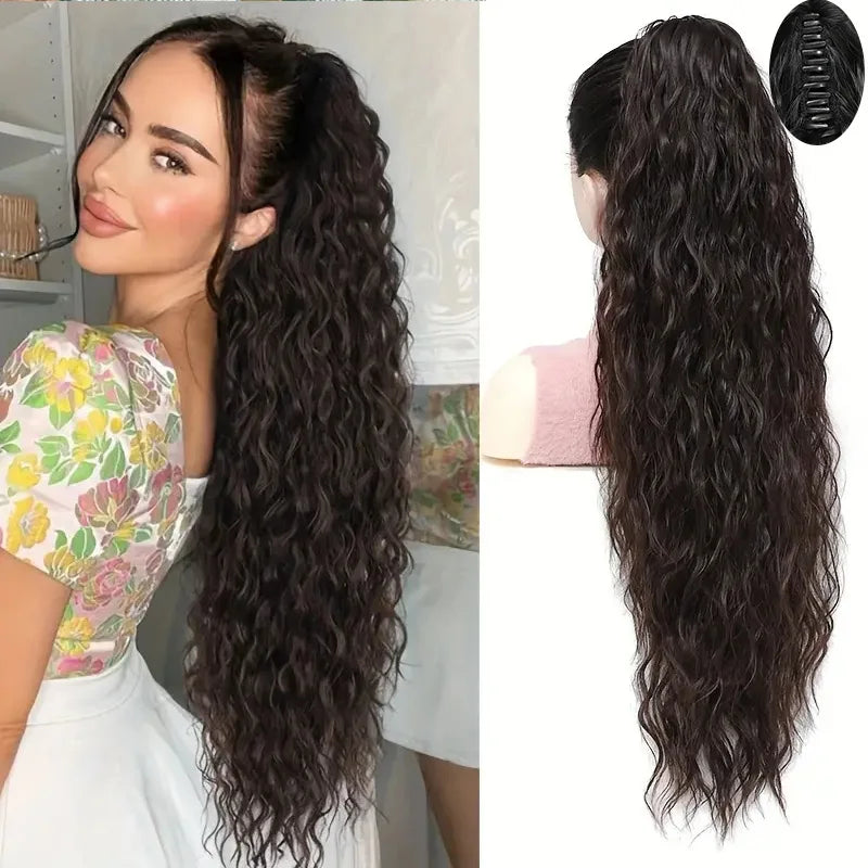 26” Long Curly Ponytail Extension – Wavy Claw Clip Hairpiece for Women